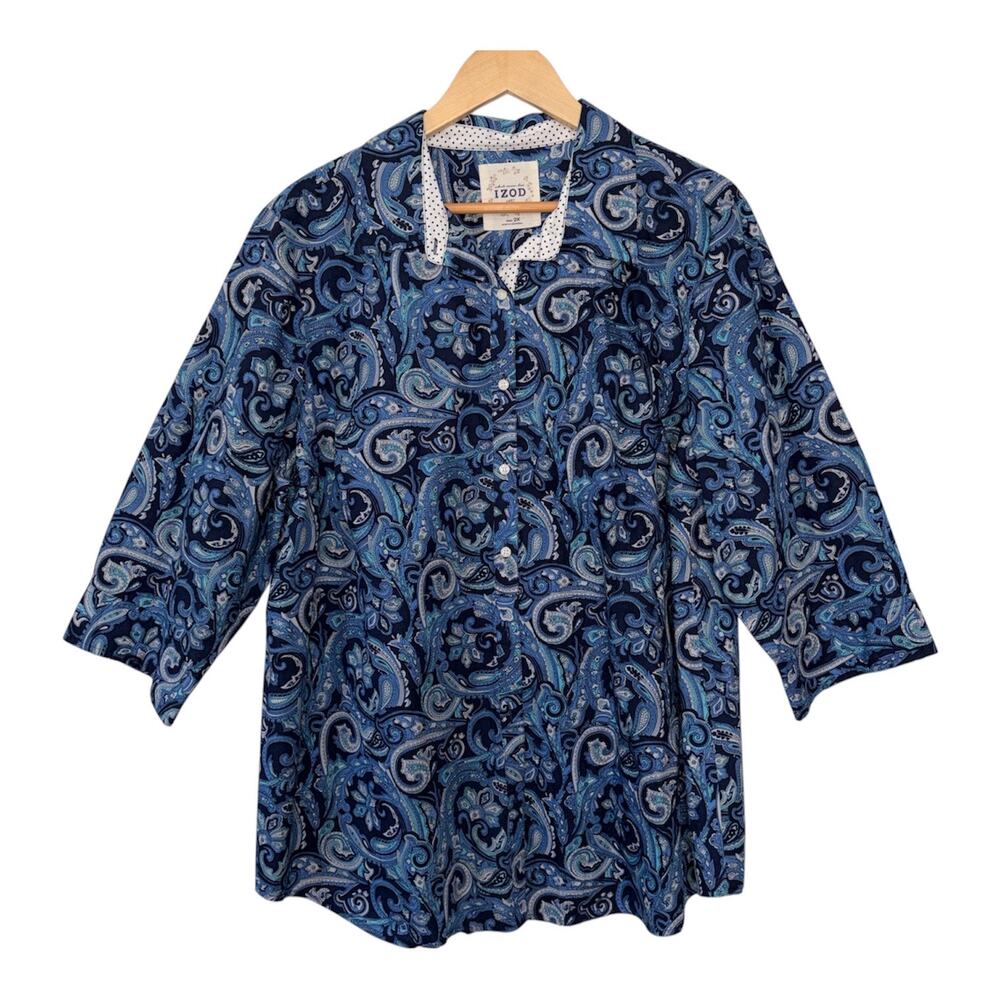 NWT IZOD Womens Button Up Tunic Blue Paisley 3/4 Sleeves Size 2X Sailor Navy
